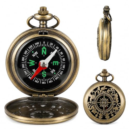 Androxeda 1 Stück Taschenkompass Vintage Antik Goldfarben Lochmuster Klappdeckel Kompass Outdoor Tragbar Hochpräzise Nordrichtung Wanderung Camping Orientierung Messing Durchmesser 45mm