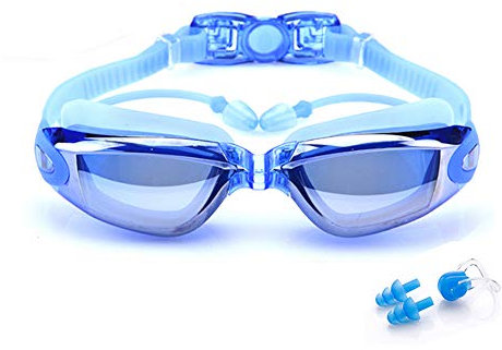 Gafas de natación con tapones para los oídos de Beeway® para adultos y niños mayores de 8 años, sin fugas, antivaho, protección UV, incluye caja, clip nasal y tapones para los oídos, azul