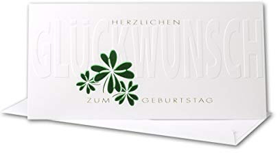 Geburtstagskarten Set 10 Stück mit Umschlag Weiß DIN LANG - Motiv Kleeblatt Grün - Fühlbare Blindprägung & Folienprägung - Glückwunschkarte Geburtstag Klappkarte