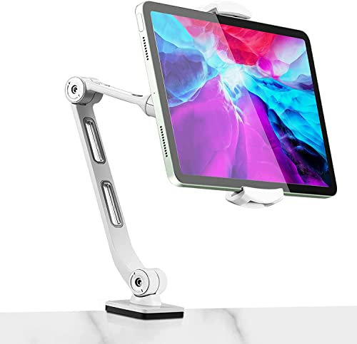 suptek Tablet Stand Long Arm - Adjustable Tablet Holder for Desk Bed Kitchen, Upgraded Aluminum Phone Stands and Holders for iPad Pro Air/Mini, Samsung Tabs, Surface, Kindle, 360° Swivel White