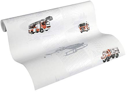 A.S. Création PVC-freie Vliestapete Little Stars Tapete mit Feuerwehr Autos 10,05 m x 0,53 m grau rot schwarz Made in Germany 358132 35813-2