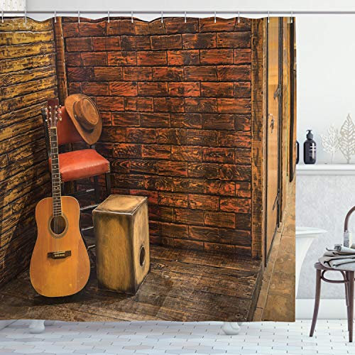 ABAKUHAUS Musik Duschvorhang, Holz Bühne Pub Cafe, Stoffliches Gewebe Badezimmerdekorationsset mit Haken, 175 x 180 cm, Dark Orange Sand Brown