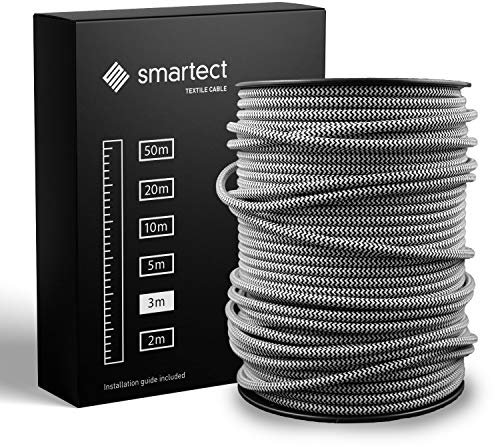 smartect Cavo Elettrico Tessile Nero Bianco, 3 Metri Filo Elettrico Vintage, Tripolare (3 x 0.75mm²) Cavo Elettrico Rivestito in Tessuto per Fai da Te