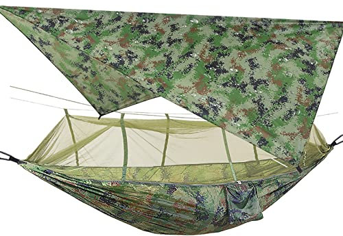 TOPCHANCES Hamac de Camping ultraléger Portable en Nylon avec moustiquaire, Sangles d'arbre et bâche de Pluie pour hamac en Plein air, Vert Militaire