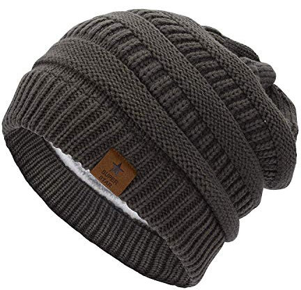 Durio Mütze Damen Winter Strickmütze Grobstrick Warme Beanie mit Innenfutter Dunkel Grau