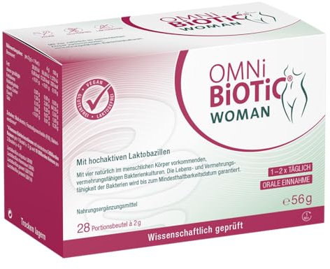 OMNi BiOTiC WOMAN, 28 Portionen, 4 Bakterienstämme, 10 Mrd. Keime pro Tagesdosis, Pulver, Vegan, Glutenfrei, Lactosefrei, Zur täglichen Anwendung, Einfach trinken