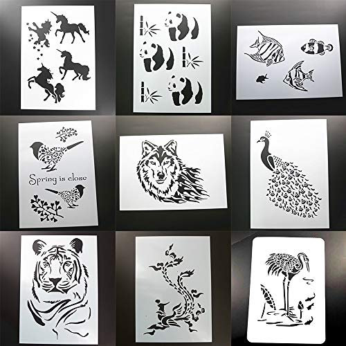 BLUGUL 9 Stück A4 Schablonen, Zeichenschablonen, für Wand Boden Fliesen Holz Stoff Möbel, Einhorn Phönix Tiger Pfau Wolf Vogel Tropenfisch Panda