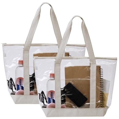 VENO Pack de 2 Bolsas Transparentes con Cremallera y Bolsillo, Bolsa Impermeable de Vinilo Transparente de PVC, Bolsa de Playa, Piscina, Juegos, Parque Acuático, Exterior (Pack de 2, Beige)