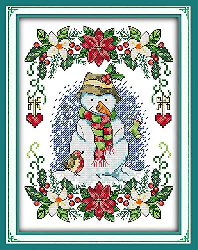 WOWDECOR Kreuzstich-Stickerei-Starter-Set, Weihnachtsschneemann-Blumen, 11 Ct, geprägt DIY DMC Nadelarbeit für Anfänger