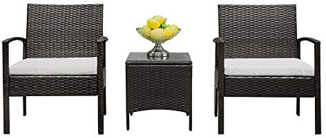 Alightup Ensemble Salon de Jardin 2 Personnes en Résine tressée, 2 Chaises avec Coussins Blanc, Table Basse - Plateau Verre Trempé, Rotin pour Jardin, Balcon (K001, Marron)