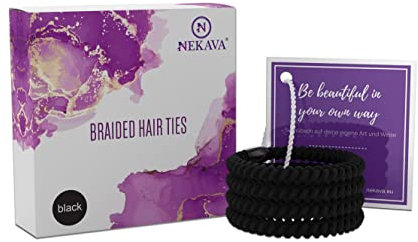 Nekava Haargummis Schwarz – Original Haarbänder 6-fach geflochten für starken Halt - 4 Stück Pferdeschwanz Halter