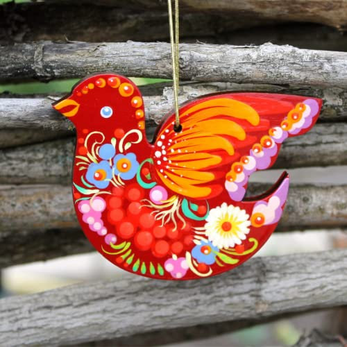 Traditioneller Weihnachtsbaumschmuck Vogel aus Holz Christbaumschmuck bunt Handbemalt Beidseitig 9 x 7 x 0,5 cm nach Ukrainischer Tradition der Petrykiwka Kunsthandwerk für Weihnachten