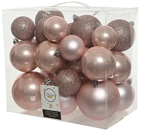 ETC dekorativer bruchfester Kugelmix als 26-er Set aus PVC Weihnachtskugeln Baumschmuck Christbaumschmuck je im 6 cm, 8 cm und 10 cm Kugeldurchmesser in matt, glänzend und Glitzer (puderrosa)