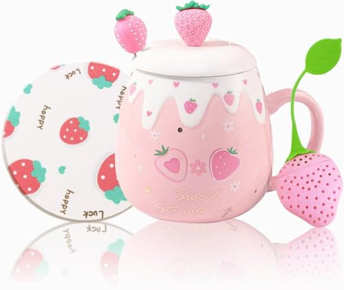 Süße Erdbeerbecher Rosa Kaffeetasse Keramik Kawaii Tasse für Morgentee Milch Obstbecher mit schönem Deckel und Löffel Kreative Neuheit Geburtstag Weihnachten für Liebhaber Mädchen