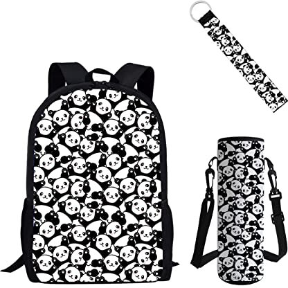 Kuiaobaty Panda School Backpack with Water Cup Holder Keychain Lanyard 3Pcs Set Kids Cartoon School Daypack School Gift