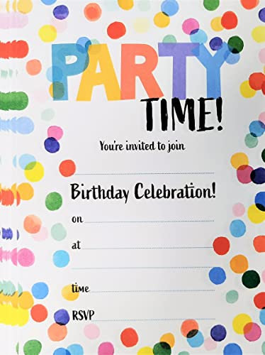 20 Pack Birthday Invitations with Envelopes – Colourful “PARTY TIME!” Fill-In Cards for Kids, Teens & Adults – 19 x 13 cm – Fun Polka Dot Design – Includes 20 White Envelopes