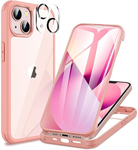 CENHUFO Compatible with iPhone 13 Case Built-in Glass Screen Protector with Camera Lens Protector, 360°Full Body Heavy Duty Protective Phone Case for iPhone 13 case Shockproof -Pink