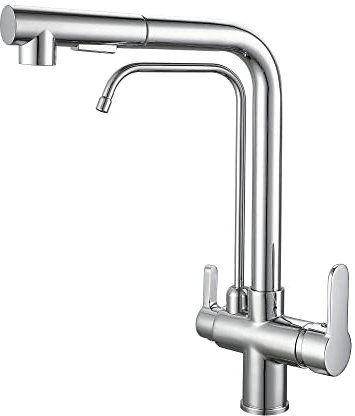 SJQKA Grifo Cocina Osmosis Extraible, Grifo De Cocina Ósmosis Con 3 Vías,360° Giratorio Grifo Para Fregadero Cobre Grifo Monomando Para Agua Fría Y Caliente (Cromo)