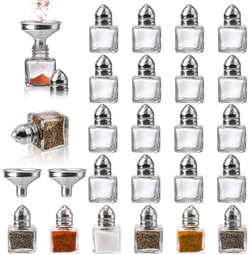 ZEAYEA Set of 24 Small Salt and Pepper Shakers, 0.5 oz Mini Glass Seasoning Jars with Funnel, Glass Cube Body Spice Shakers for Wedding, Party, Restaurant, Home Kitchen Supplies