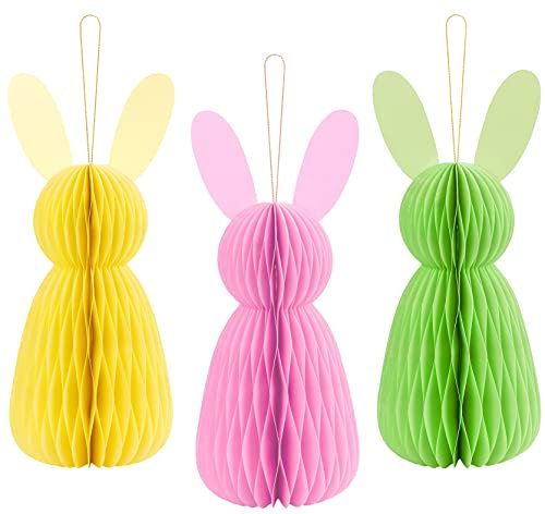 Set 3 große Wabendeko Hase Osterhasen Osterdeko Wabenball Osterhase aus Pappe bunte Deko zu Ostern, zum Hängen oder Stellen Osterhasen Rosa Gelb Grün, 30cm