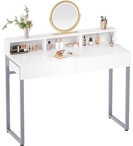 GreenForest Vanity Desk with 2 Drawers, White Makeup Desk with 3 Storage Spaces, 31.5 inch Small Desk with Silver Metal Legs, Modern Home Office Desk for Kids, Bedroom (No Mirror)