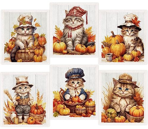 Morigins Swedish Dishcloths for Kitchen,6 Pack Fall Pumpkin Cat Swedish Dish Towels,Cellulose Sponge Cloths,Non Scratch Reusable Paper Towels, Biodegradable and Reusable Kitchen Dish Rags
