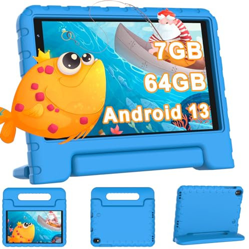 Tablet Bambini 8 Pollici, 7GB RAM 64GB ROM 1TB Espandibile, WiFi 6 BT 5.0, 5MP+2MP, 3600mAh, 1280*800, Apprendimento Educazione,GPS, Controllo Parentale, Android Tablet PC con Custodia, Azzurro