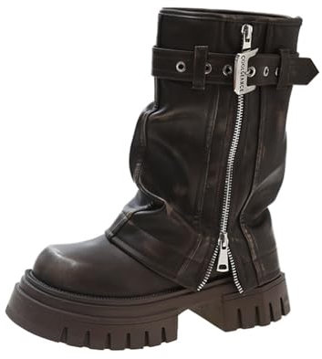 Stivali da Donna Autunno e Inverno, Cavaliere Stile Retrò, Testa Rotonda, Fondo Spesso, Corti, Casual, Biker, Occidentali