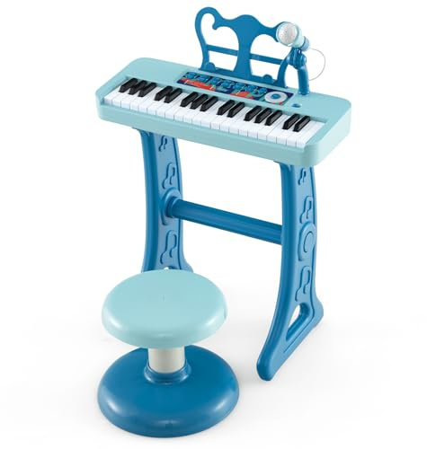 RELAX4LIFE Piano Infantil 37 Teclas con Micrófono, Taburete, Atril, Grabación y Reproducción, Volumen Ajustable, Karaoke Infantil con 22 Canciones, 4 Ritmos, 4 Instrumentos para Niños 3+ Años (Azul)
