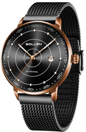 SOLLEN Herren Minimalistische Automatikuhr, Importiertes mechanisches Uhrwerk - 3ATM Wasserdicht - Leuchtzeiger und Edelstahlgehäuse, Luxus Selbstaufzug Herren Armbanduhren mit Kalender, Geschenke für