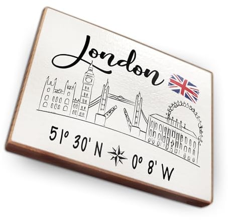 Kühlschrankmagnet mit Städte mit Skyline und Koordinaten Souvenir Mitbringsel - Handmade aus Buchenholz - 6.5cm x 5cm (London)