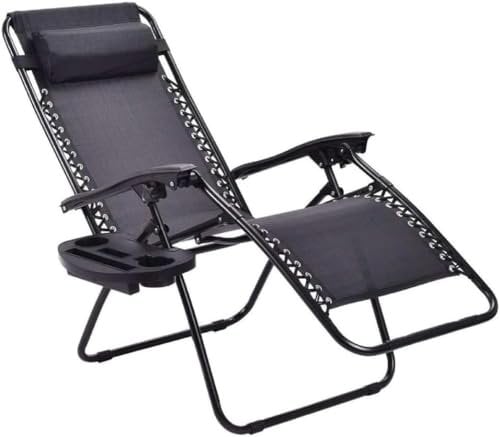 Zero Gravity Chair Metal Frame Texteline Armchair Outdoor Folding and Reclining Sun Lounger withC Cup holder and Head Pillow for Patio Decking Gardens Camping, Black