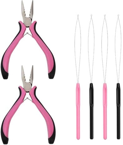 FUIPVGI 6 Pcs Hair Extensions Tools Kit, 2 Pcs Hair Extension Pliers for Removal Hair Extensions Kit Tools with 4 Pcs Loop Threader Micro Nano Ring Hair Extensions Opener and Removal (Pink)