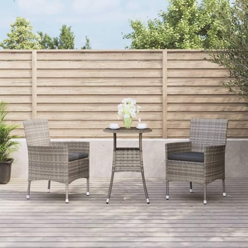 ShGaxin 3-TLG. Garten-Bistro-Set mit Kissen Grau Poly Rattan Bierzeltgarnitur, Gartenbar, Biertisch Bierbänke, Essgruppe, Gartenmöbel Set, Balkonmöbel, 3187418