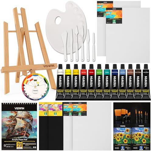 VISWIN 50 piezas Premium Acrílica Kit de Pintura, Juego de Pintura con Caja de Bocetos de Mesa, Pinturas Acrílicas, Paneles de lienzo, Pinceles, para Adultos, Principiantes, Artistas