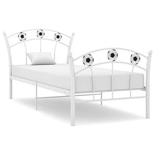 CIADAZ Einzelbett mit Fußball-Design, Bett, Bettgestell, Jugendbett, Schlafzimmer Bett, Bed Frame, Weiß Metall 90x200 cm