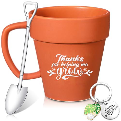 FoldTier 3 Pcs Gardening Gifts Gardener Coffee Mug with Shovel Spoon and Keychain Teacher Mug Plant Pot Cup for Women Novelty Ceramic Cup Shovel Spoon Keychain Gift for Plant Lover
