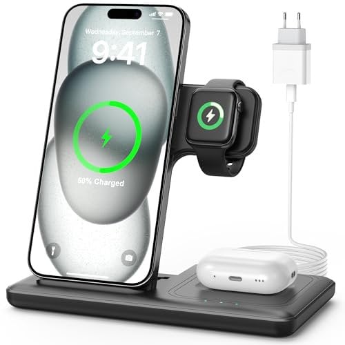 Sans Fil Chargeur Induction - 3 en 1 de 15W Wireless Charge Magsafe Station for iPhone 16 15 14 13 12 11 Pro Max Plus, Watch Ultra 10 9 8 7 6 5 4 3, Earbuds Pro 4 3, Avec Prise 20W et Cable 1M Tiuruku