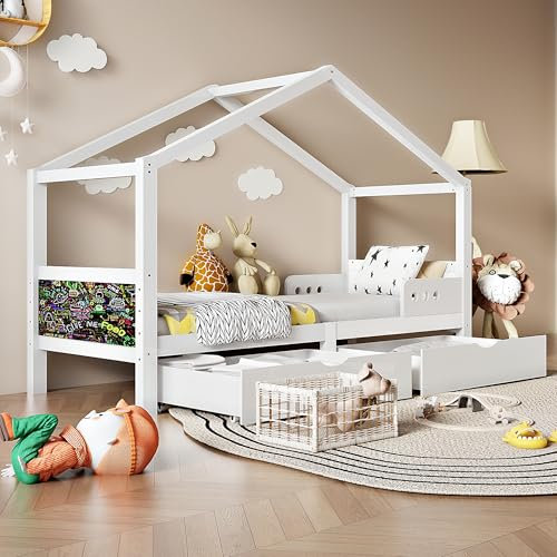 Merax Kinderbett 90x200cm mit Zwei Schubladen, Hausbett mit Rausfallschutz und Lattenrost, Stabiler Baumhausbett Holzbett, Massivholz Jugendbett Spielbett mit Schreibtafel, für Jungen & Mädchen, Weiß