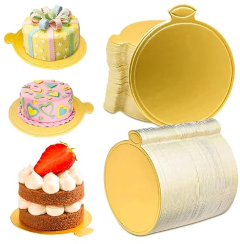 100 Stück Mini Cake Board Törtchen Untersetzer - 9cm Kuchenplatten, Mousse Kuchen Bretter Gold Papier, Runde Kuchen Board Kuchenunterlagen Dessert Display für Hochzeit Geburtstag Gebäck Dekoration
