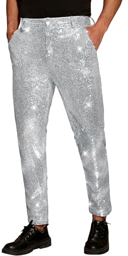 Lars Amadeus Men's Glitter Shiny Pants Casual 70s Tapered Fit Club Silver