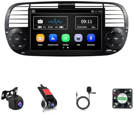 Android 14 9 Pollici Touchscreen Stereo Auto Bluetooth Auto Radio Stereo Per Fiat 500 2010-2015 Con Bluetooth FM Radio Comando Del Volante WiFi Bluetooth AHD Retrocamera(A,Y200 4+64G)
