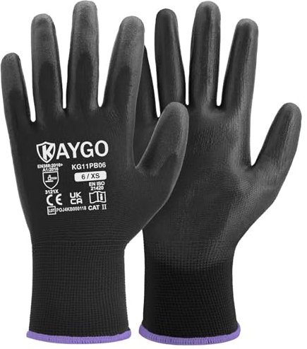 KAYGO 12 Paar Arbeitshandschuhe für Herren Damen, PU beschichtet Schutzhandschuhe, antirutsch Griff an Handflächen und Fingern, Geeignet für DIY allgemeine Arbeit Gartenarbeit (Schwarz, XS, Gr 6)