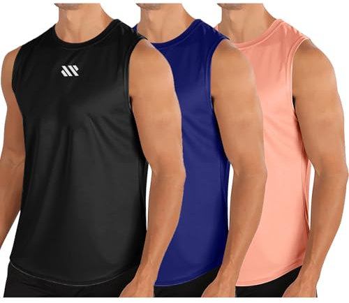 UHouse Debardeur Homme Lot de 3 Débardeur Sport Maillot de Corps Col Rond Ete Tee Shirt sans Manche Fitness T-Shirt Musculation Running Tshirt Coton Gym Respirant Rose M