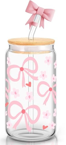 500ml Bow Glasbecher mit Deckel und Strohhalm, Rosa Fliege Pink Stuff Geschenk Für Beste Freundin, Glas mit Bow Aesthetic Stuff Clean Girl für Kaffee, Cocktails und Mehr (Rosa)