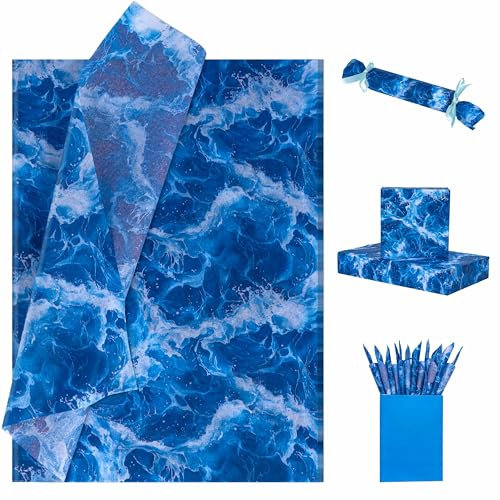 Larcenciel Seidenpapier Aquarell Blau, Ozean Wellen Seidenpapier Verpackungsmaterial, Wassermustermotiv Geschenkpapier für Hochzeit, Kieler Woche, Basteln, Partydeko, Füllmaterial,30 Blatt 50x35 CM