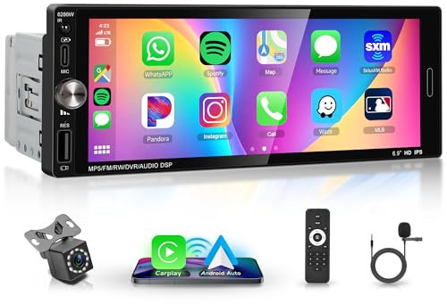 Rimoody Carplay Autoradio 1 Din avec A-pple Carplay Android Auto 6.9 Pouces Écran Tactile Autoradio avec Mirror Link Bluetooth FM Radio USB/AUX/DVR/EQ/Type C Commandes au Volant Caméra de Recul