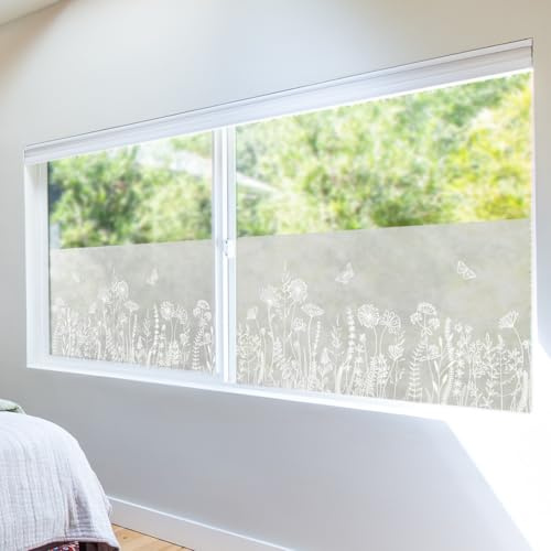 ChicSkin fensterfolie Blickdicht privatsphäre, Blume Löwenzahn Schmetterling statische fensterfolie milchglas, Ohne Klebstoff Mehrweg, Geeignet für Wohnzimmer, Schlafzimmer, Küchen, Bäder 43X200CM
