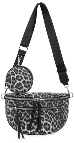Damen Tasche Leopard Umhängetasche Brusttasche Muster Gürtel Bauchtasche Crossbody Gürteltasche Hüfttasche Crossover Bodybag Schultertasche Handytasche Leder Optik Leopard (Grau)