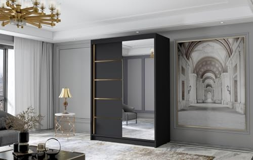 Gaba furniture Gold Series 120 cm Sliding Door Black Wardrobe with Mirror Widths 100/120/150/180/200/250 cm Furniture for Bedroom Living Room Wardrobe with Hanging Rail
